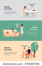Drone delivery banner template set with cartoon people receiving box package at home or park from flying quadcopter. Futuristic remote delivering service clients - flat vector illustration.