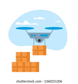 Drone Delivery Box in Blue Sky with Clouds Isolated on White Background. Quadcopter Remote Control, Business Air Transportation. Shipping Goods Concept. Modern Cartoon Flat Vector Illustration, Icon.