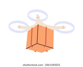 Drone delivery, box delivery by drone, unmanned dopter delivering cardboard box, cardboard parcel, unmanned transportation service, automated aerial robots, courier flying flat vector illustration.