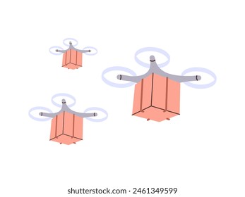 Drone delivery, box delivery by drone, unmanned dopter delivering cardboard box, cardboard parcel, unmanned transportation service, automated aerial robots, courier flying flat vector illustration.
