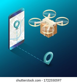 Drone delivery box near screen tablet. Quadcopter carrying package cargo to customer. Autonomous or wireless remoted flying drone. Vector 3d isometric