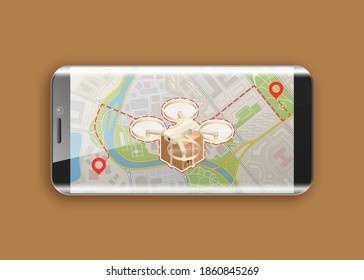 Drone delivery box near screen phone tablet display. copter carrying package cargo to customer. Autonomous or wireless remoted flying drone. Vector 3d isometric