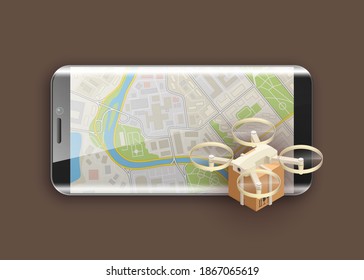 Drone delivery box near screen phone tablet display. copter carrying package cargo to customer. Autonomous or wireless remoted flying drone. Vector 3d isometric, 3D illustration