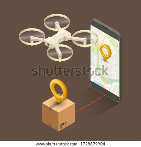 Drone delivery box near screen tablet. Quadcopter carrying package cargo to customer. Autonomous or wireless remoted flying drone. Vector 3d isometric