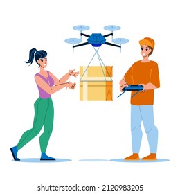 drone delivery box. robot package service. fast truck. future paracel order character web flat cartoon illustration