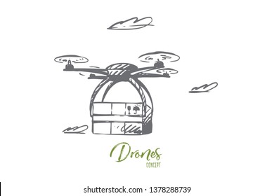 Drone, delivery, box, technology, transportation concept. Hand drawn transportation package with drone concept sketch. Isolated vector illustration.