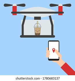 Drone delivery bubble tea, smartphone with location symbol, smartphone in hand, fast food delivery service