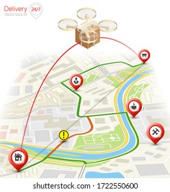 Drohnenfrachtkasten über dem flachen Stadtplan Konzeptbanner. Vierer-Flugstrecke über Karte und Beförderung von Paketen zum Kunden. Vektor 3d isometrisch