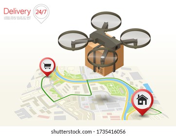 Drone delivery cargo box above the flat city map concept banner. Quadcopter flying over map and carrying package to customer. Vector 3d isometric