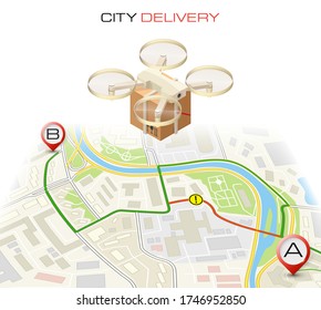 Drone delivery cargo box above flat city map concept banner. Quadcopter flying itinerary over map and carrying package to customer. Vector 3d isometric