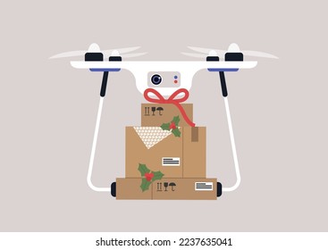 A drone delivery of christmas gifts stacked in cardboard boxes and decorated with red ribbons and mistletoe plants