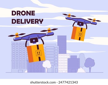 Drone delivery at city. Online shopping and electronic commerce. Shipping and transportation, logistics, home delivery. Modern technologies and innovations. Cartoon flat vector illustration