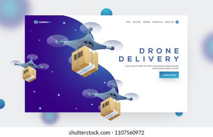 Drone delivery concept based hero banner or landing page for mobile and website.