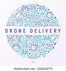 Drone delivery concept in circle with thin line icons: quadcopter, flying drone with package, remote control, front and side view. Modern vector illustration of innovative transport for print media.