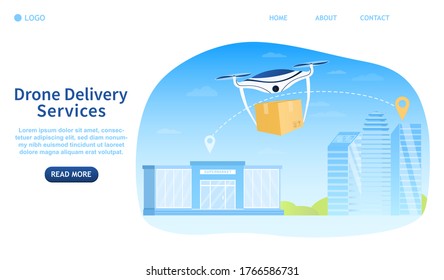 Drone delivery concept. Contactless delivery of products. Catering Service. Air delivery. Modern technology. Perfect for landing, banner, header or web design. Flat Vector Illustration.