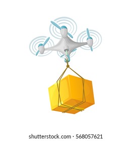 Drone delivery concept design. Modern cartoon vector illustration. Quadcopter transportation of goods