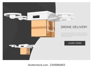 Drone delivery concept, Fast delivery, Automated quadcopter flying over map and carrying. Webpage, app design
