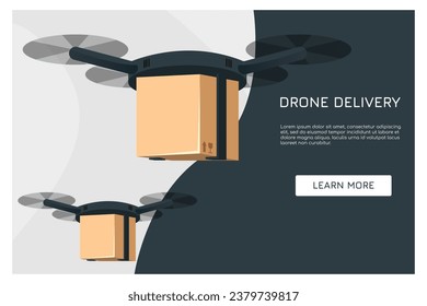 Drone delivery concept, Fast delivery, Automated quadcopter flying over map and carrying. Webpage, app design
