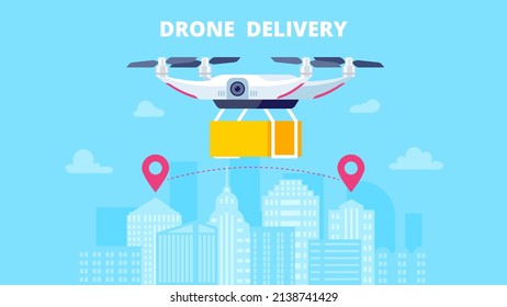 Drone delivery concept. Flat vector illustration. Web site, landing page, banner, hero image.