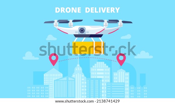 Drone delivery concept. Flat vector\
illustration. Web site, landing page, banner, hero\
image.
