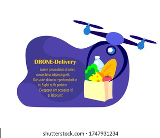 Concepto de entrega de drones. Robot volador.Envío de alimentos con paquete de entrega sin contacto.Aviones voladores con carga remota.Productos cárnicos,Servicio de restauración.Compra en casa.Compra,Recibir paquete.Ilustración con vectores planos