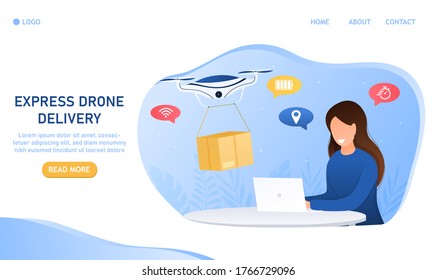 Drone Delivery Concept.The girl uses a laptop makes online order and air delivery. The quadcopter delivers the parcel quickly and safely. Futuristic technology parcel shipment Flat Vector Illustration