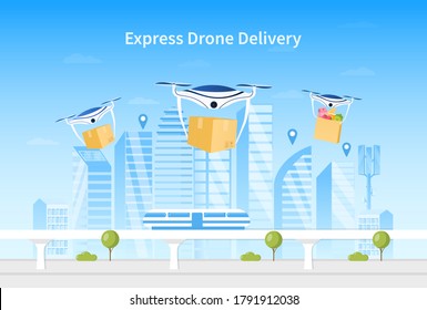 Drone delivery concept. A group of drones delivers boxes in the background of a smart city. Futuristic drones fly to delivery recipients. Smart shipment technology. Flat Vector Illustration