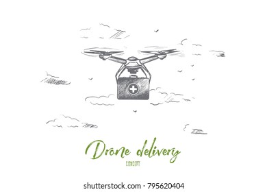 Drone delivery concept. Hand drawn new delivering technologies with drone. Drone flying with delivery box package isolated vector illustration.