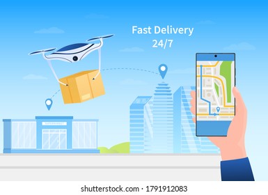 Drone Delivery Concept. A hand with a smartphone controls the delivery route of the quadcopter. The drone flies with a box over the map. Express air delivery. Perfect for landing or design Flat Vector