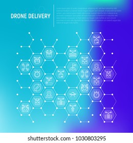 Drone delivery concept in honeycombs with thin line icons: quadcopter, flying drone with package, remote control, front and side view. Modern vector illustration of innovative transport.