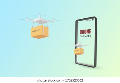 Afiche o cartel conceptual de entrega de drones con aviones no tripulados transportando paquetes al aire desde compras en línea con smartphone. Arte de papel y artesanía en estilo 3D.