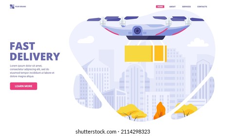 Drone delivery concept. Quadcopter carries a parcel, flying in the sky over city skyscrapers. Contactless shipping concept for website, banner, landing page template. Flat vector illustration.