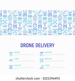 Drone delivery concept with thin line icons: quadcopter, flying drone with package, remote control, front and side view. Modern vector illustration of innovative transport for banner, print media.