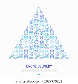 Drone delivery concept in triangle with thin line icons: quadcopter, flying drone with package, remote control, front and side view. Modern vector illustration of innovative transport for print media.
