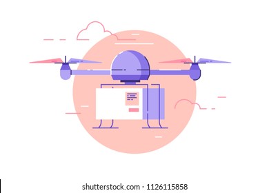 Drone delivery concept vector illustration. Drone is flying in the sky and carrying a box to customer.