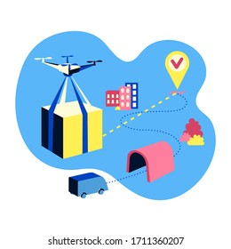 Ilustración vectorial de concepto de entrega de drones. Quadcopter volando y llevando un paquete al cliente más rápido que el camión