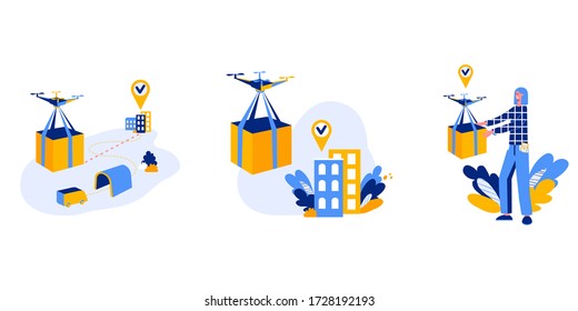 Ilustración vectorial de concepto de entrega de drones. Quadcopter volando y llevando un paquete al cliente 
