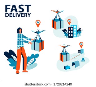 Drone delivery concept vector illustration. Quadcopter flying and carrying a package to customer. Fast delivery 