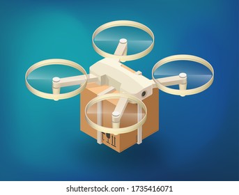 Drone Lieferkonzept Vektorgrafik. Quadcopter fliegen isoliert mit einem Paket zum Kunden. Vector 3d-Isometrie