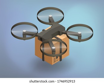 Ilustración vectorial de concepto de entrega de drones. Quadcopter volando aislado llevando un paquete al cliente. Icono isométrico del vector 3d