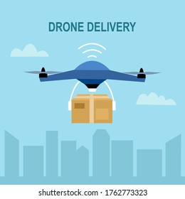 Drone delivery concept vector illustration. Remote air drone with a box flying in the sky. Modern express delivery of package by flying drone in flat design.