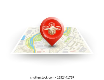 Drone delivery concept vector illustration. Quadcopter flying over a map and carrying a package to customer