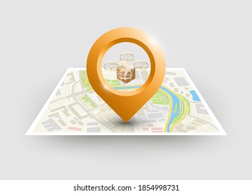 Drone delivery concept vector illustration. Copter  flying over a map and carrying a package to customer