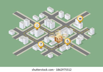 Drone delivery concept vector illustration. Copter flying over a map and carrying a package to customer, 3D illustration