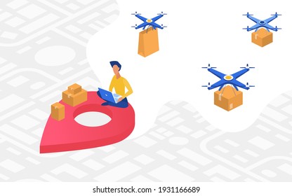 Drone delivery concept vector illustration. Cartoon man character sitting with laptop and ordering goods online, deliver drone modern transport flying, delivering order boxes to user client background