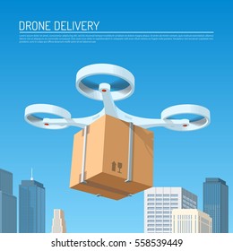 Drone delivery concept vector illustration. Quadcopter carrying a package to customer.