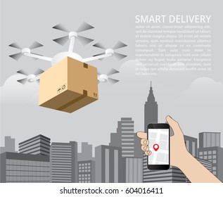 Drone delivery concept vector illustration. Quadcopter carrying a package to customer order from smartphone.