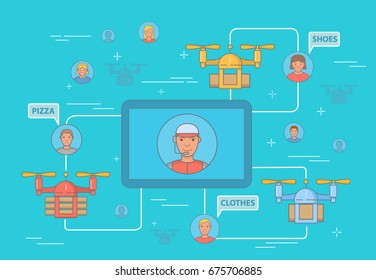 Drone delivery concept vector illustration with charts for delivery company. Modern express pizza, shoes and clothes delivery by unmanned aircraft flat symbols, icons.