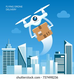 Drone delivery concept vector illustration. Quadcopter carrying a package to customer. Background with cityscape