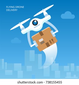 Drone delivery concept vector illustration. Background with cityscape